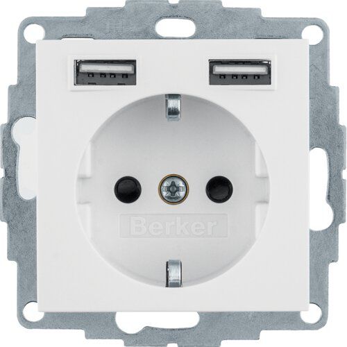 Berker 48031909 Schutzkontakt-Steckdose mit 2x USB Typ A, S.1, polarweiß matt