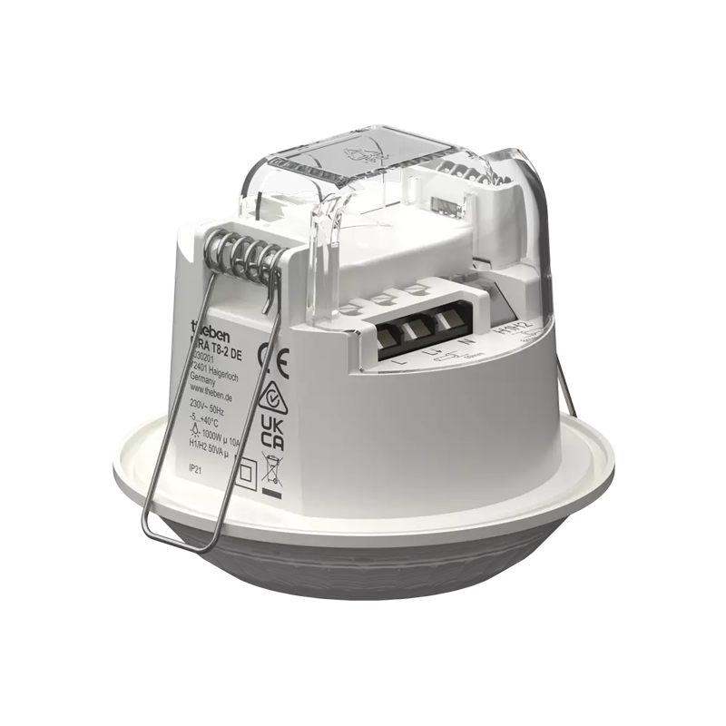 Theben 1030201 PIRA T8-2 DE Bewegungsmelder (PIR) für den Deckeneinbau im Innenbereich, 1 Kanal Licht / 1 Kanal Präsenz für HKL, Erfassungsbereich rund 360°, Durchmesser 8 m, permanente Lichtmessung, 200 W LED