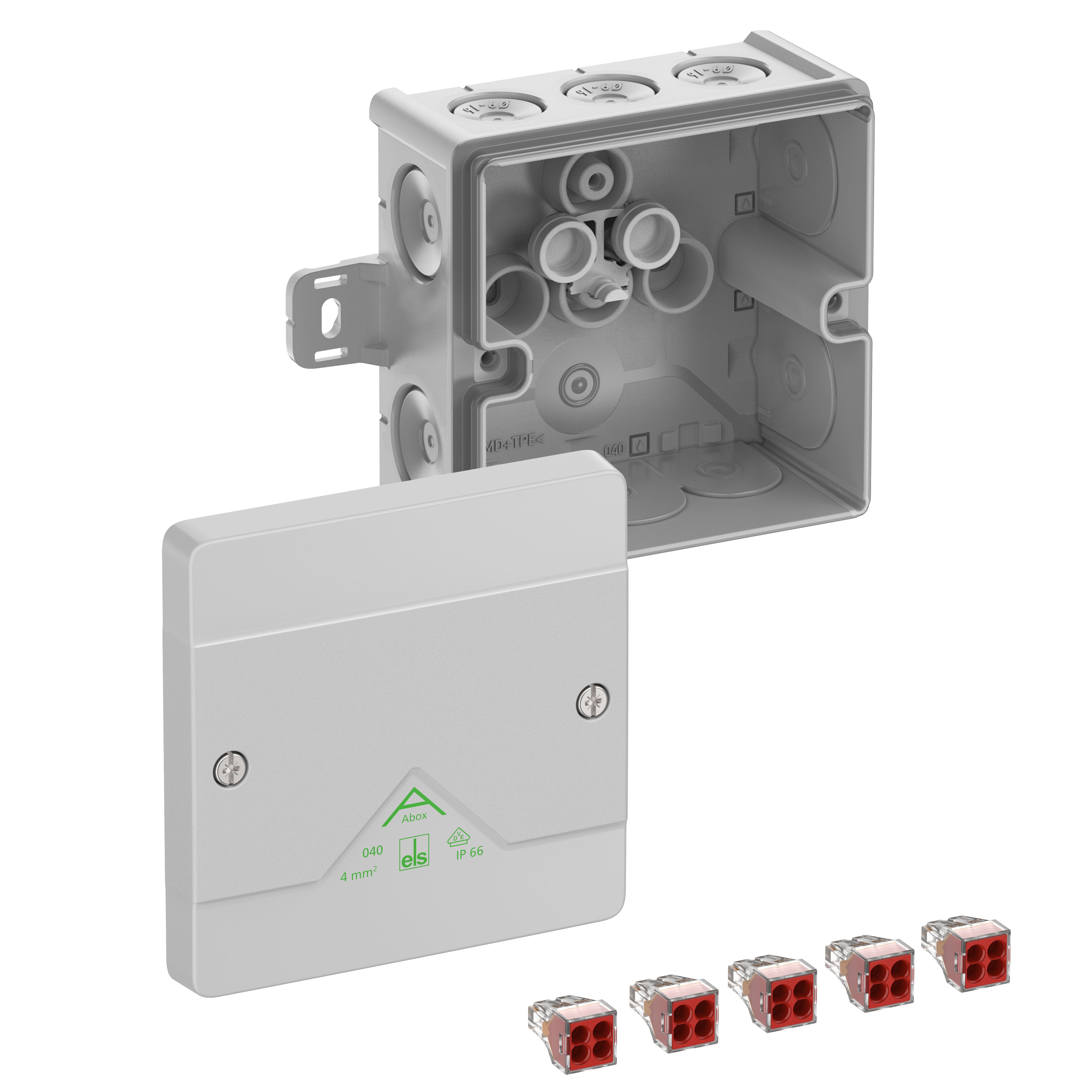 Spelsberg 80442101 Abzweigkasten, Schutzart IP66, max. Leiterquerschnitt 4mm², Schlagfestigkeit IK07, Schutzklasse II, Ui 400V AC, Ui 400V DC, DLG, VDE, halogenfrei