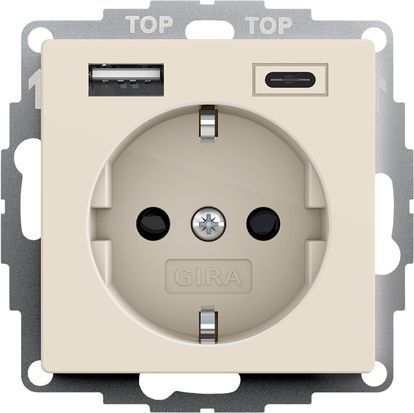 Gira 245901 Schutzkontakt-Steckdose mit erhöhtem Berührungsschutz (Safety Plus) und USB-Spannungsversorgung 2-fach Typ A/C, System 55, cremeweiß glänzend