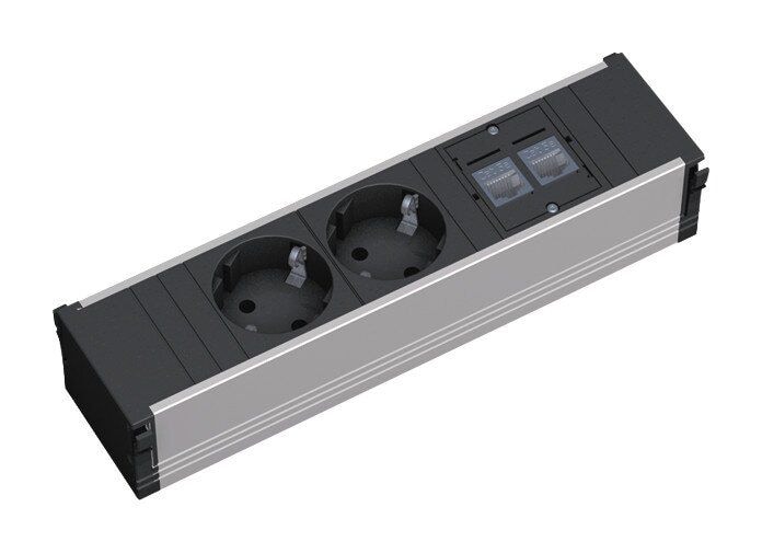 Bachmann 333.1008 CONI Steckdoseneinheit ALU 2 Schutzkontaktsteckdosen (erhöhter Berührungsschutz), 2 CAT6 Durchgangsbuchsen, Festanschluß mit Zultg. H05VV-F3G1,5qmm, ca.0,20m, GST18
