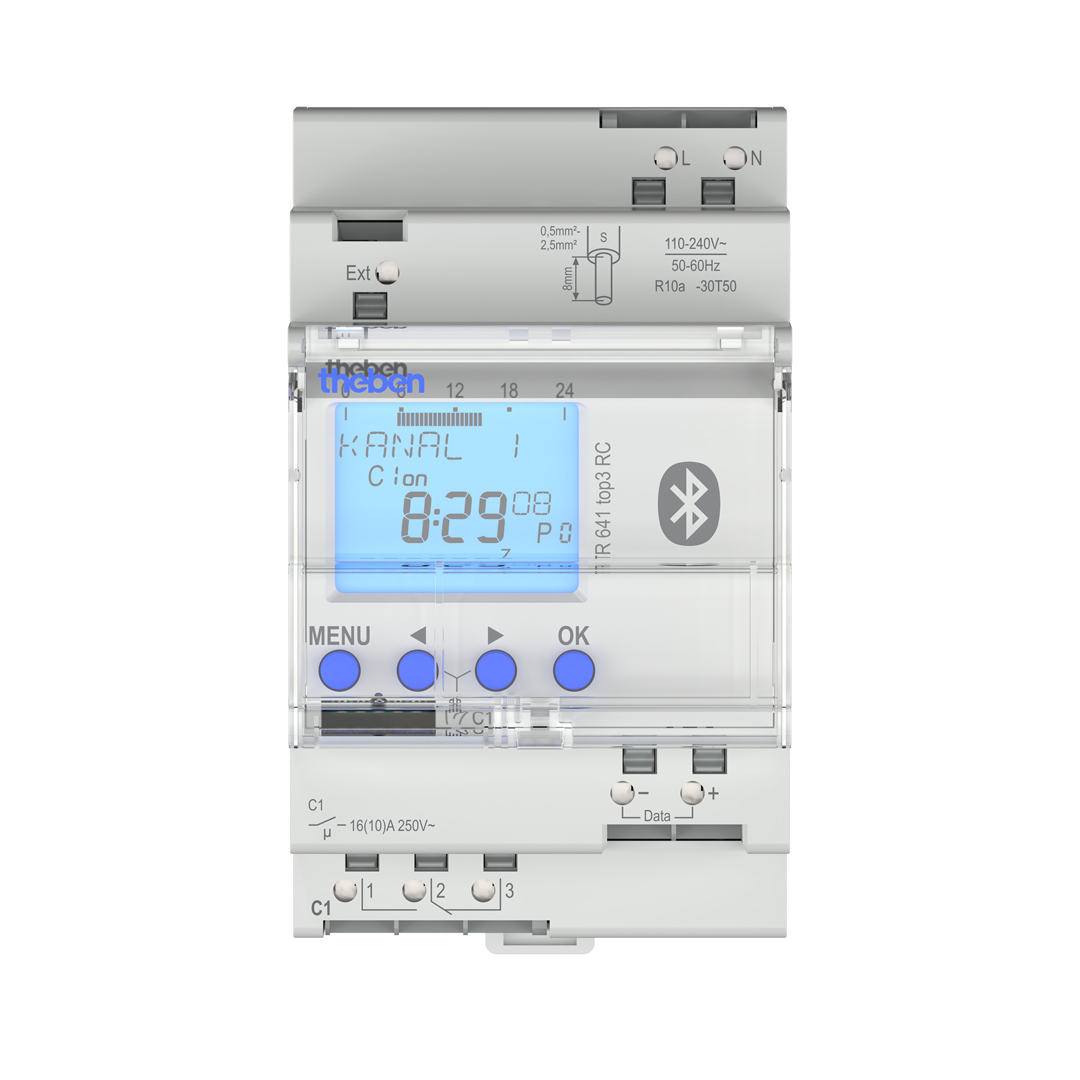 Theben 6410330 TR 641 top3 BLE RC Digitale Zeitschaltuhr, Jahresprogramm und Astro-Programm, 1 Kanal, App-Programmierung möglich, DCF oder GNSS/GPS