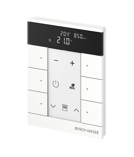 Busch-Jaeger SBC-F-6.0.11-84 Raumtemperaturregler mit VOC/Feuchte-Sensor und Bedienfunktion, 6-fach, studioweiß glänzend, Busch-Tenton®