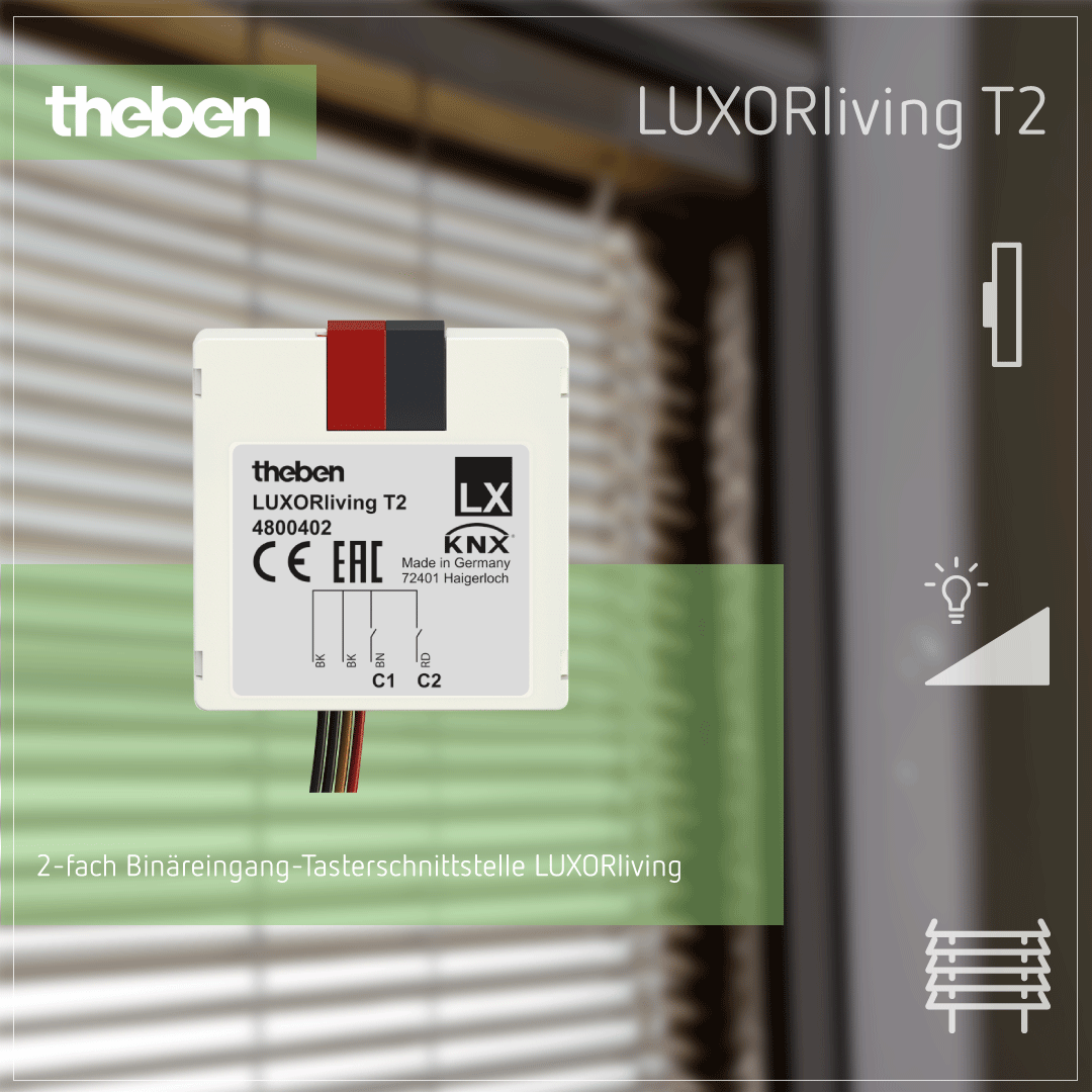 LUXORliving T2 Tasterschnittstelle – Benutzerfreundliche Schnittstelle für UP-Taster Theben LUXORliving T2 Tasterschnittstelle, UP für die einfache Integration von Tastern im Smart Home