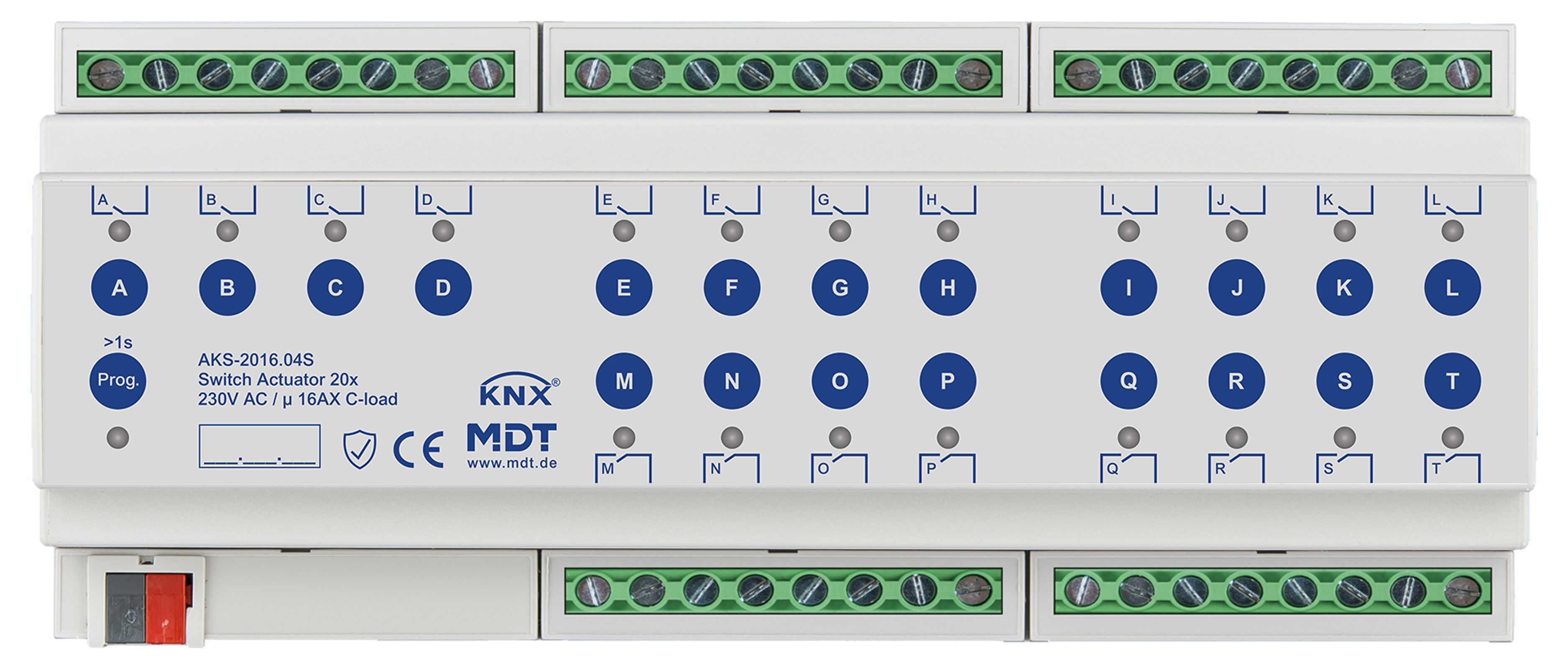 MDT AKS-2016.04S KNX Schaltaktor 20-fach, 12TE REG, 16 A, 230 V AC, C-Last, Standard, 140µF