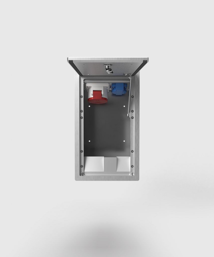 BS 5511A-1-3 Wandsteckdose, Unterputz, 2-fach, spritzwassergeschützt, verschließbar, Deckel aus Aluminium, 1x CEE 5/16A, 1x Schutzkontakt-Steckdose