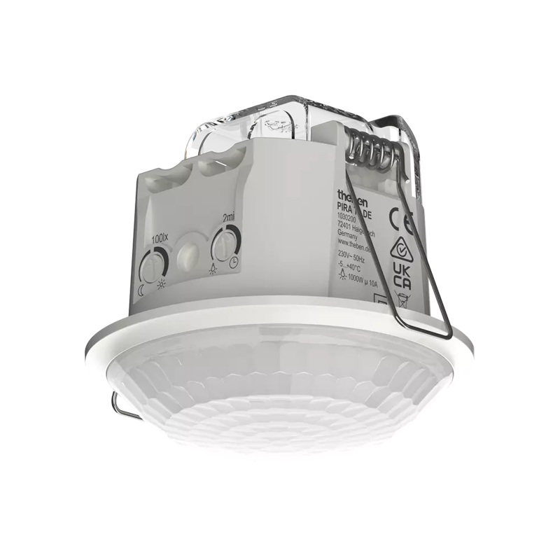 Theben 1030200 PIRA T8 DE Bewegungsmelder (PIR) für den Deckeneinbau im Innenbereich, Erfassungsbereich rund 360°, Durchmesser 8 m, permanente Lichtmessung, 200 W LED