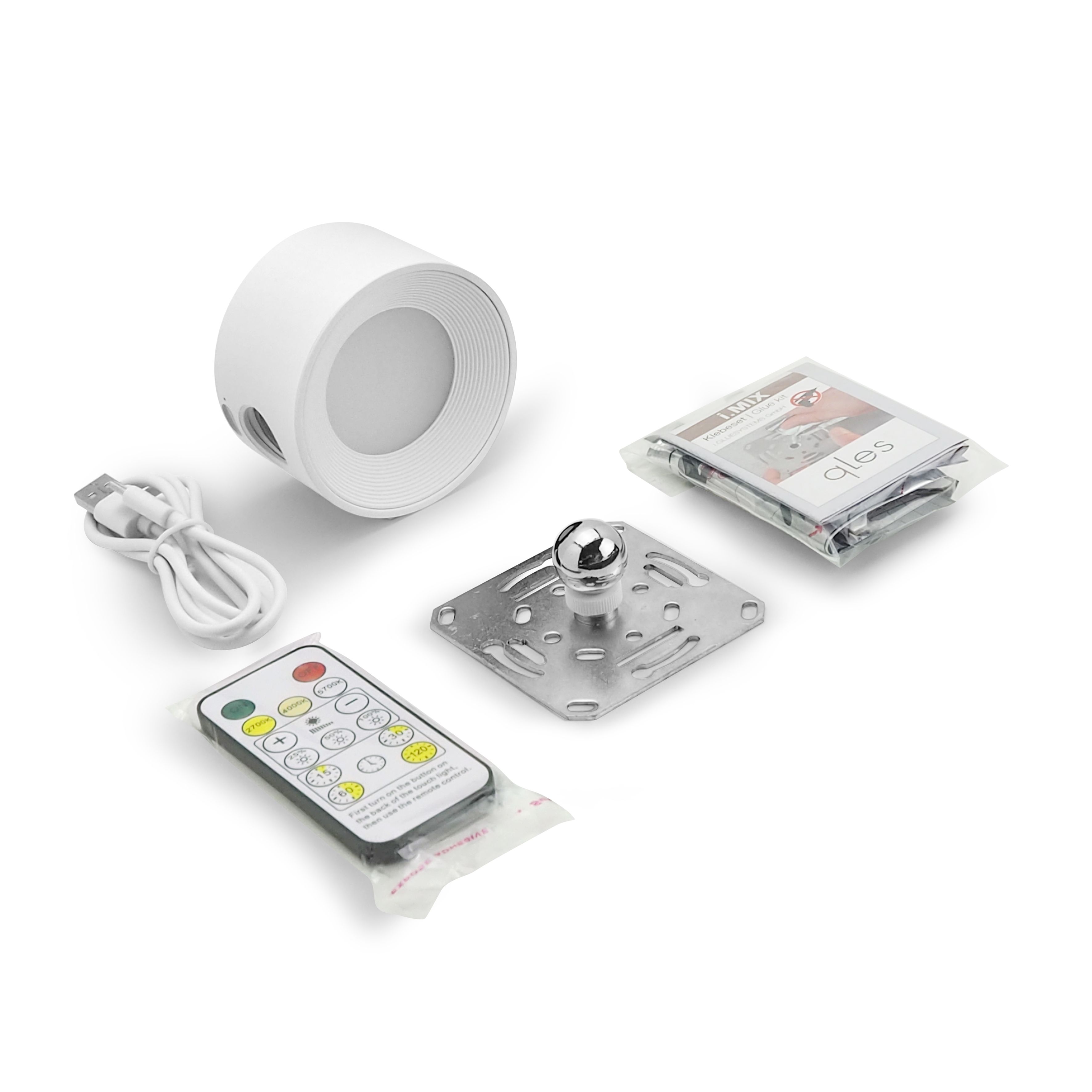qles AWR0625 Akku Wandleuchte, für Merten System-M, LED/3 Farbstufen (2700K, 4000K, 5700K), Aktivweiß glänzend, rund, IPX4, dimmbar, magnetisch/abnehmbar