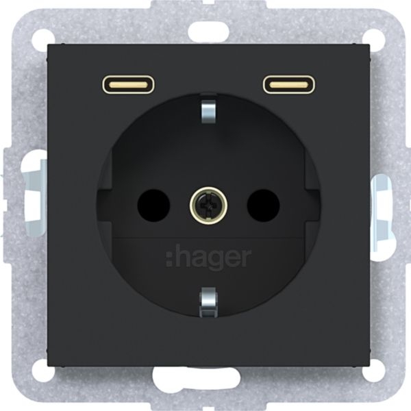 Hager WAS4055BM Schutzkontaktsteckdose mit USB Typ C 2-fach Power Delivery, 20W, A.x/C.x, nachtschwarz matt