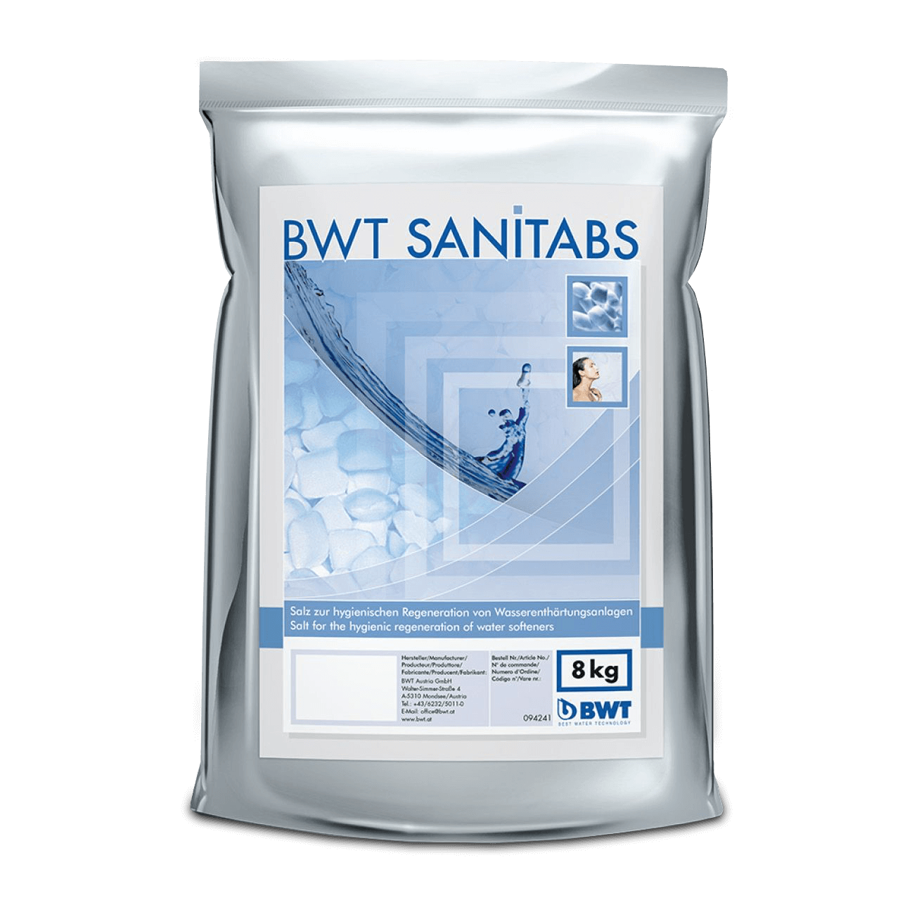 BWT 94241 Regeneriermittel Sanitabs, Hygiene-Siedesalz für Wasserenthärter der AQA Serie, 8kg