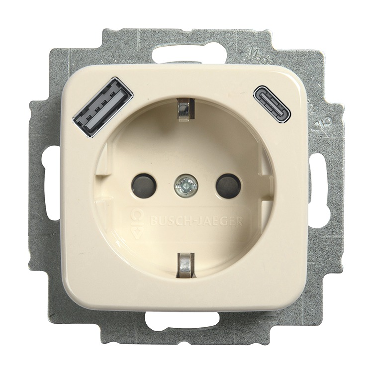 Busch-Jaeger 20 EUCB2USBAC-212 Schutzkontakt-/USB-A+C Steckdose Safety+, mit Befestigungskrallen, weiß glänzend, Busch-Duro 2000 SI