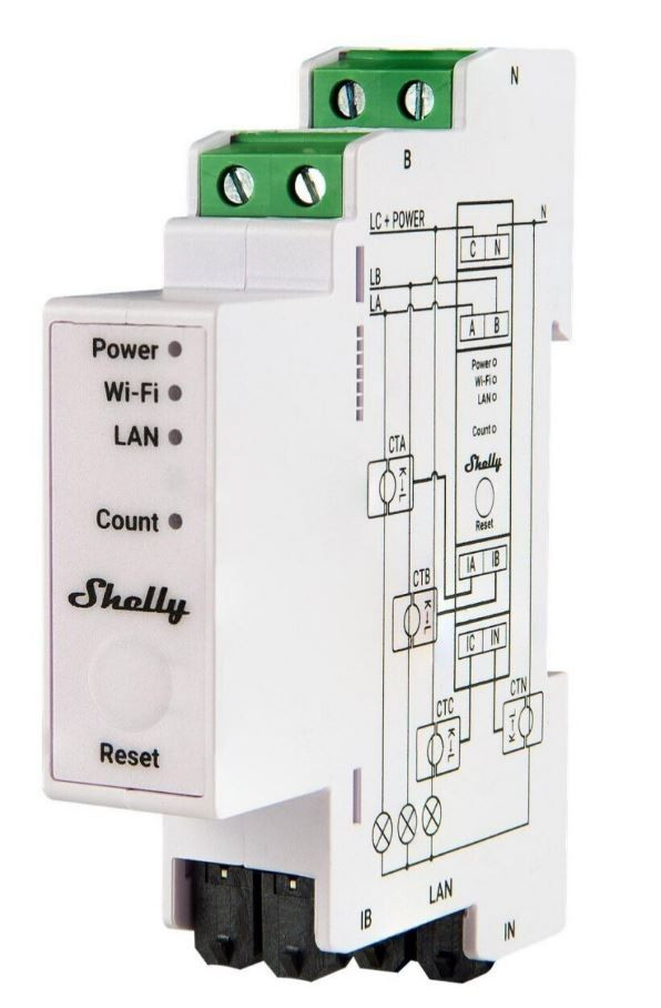 Shelly Pro 3EM Stromzähler, 3-Phasen-Stromverbrauchsmessgerät REG, WLAN-, Bluetooth- und LAN-Konnektivität