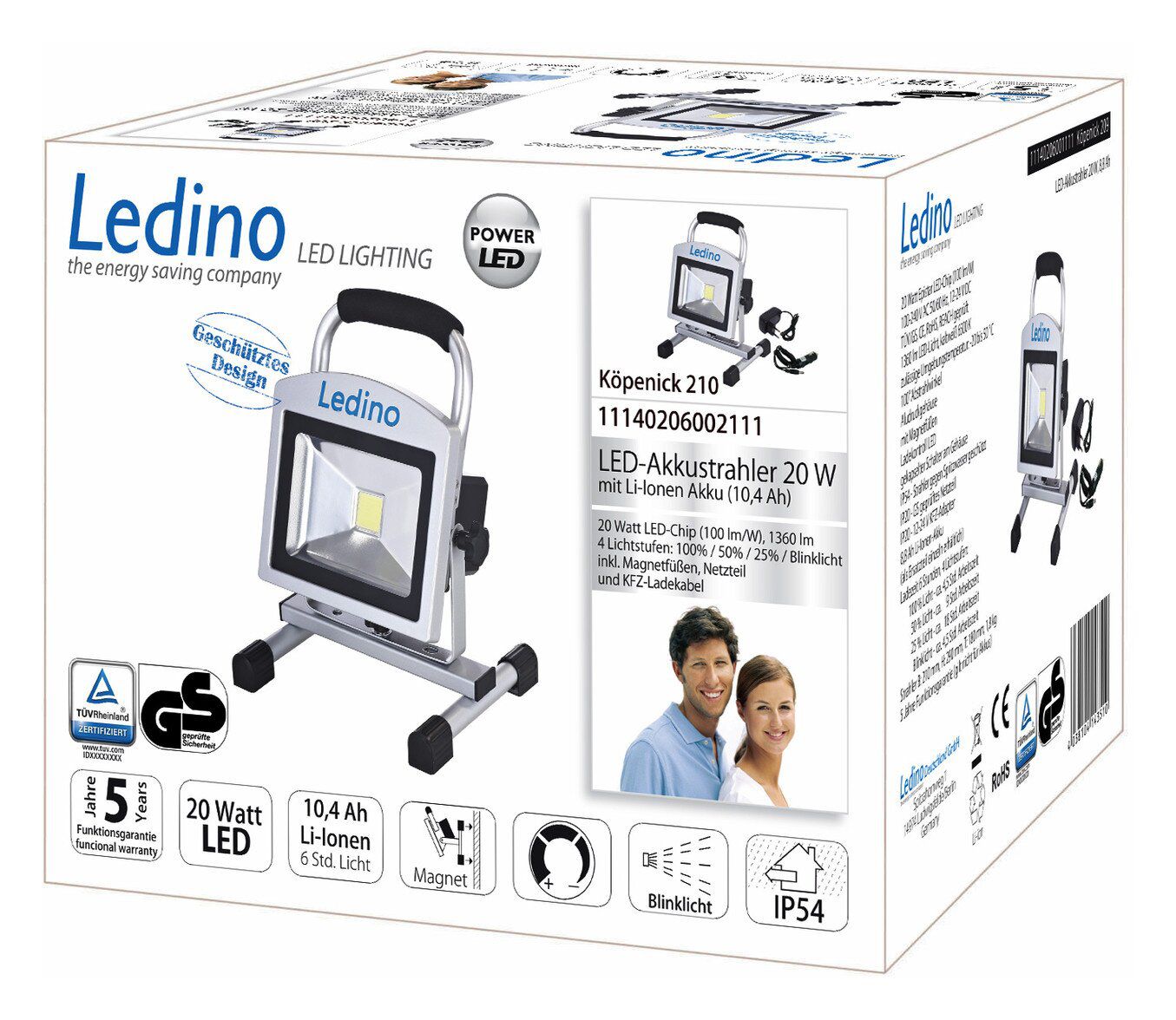 Ledino 11140206002111 LED-Akkustrahler 20W Köpenick 210, 10,4 Ah