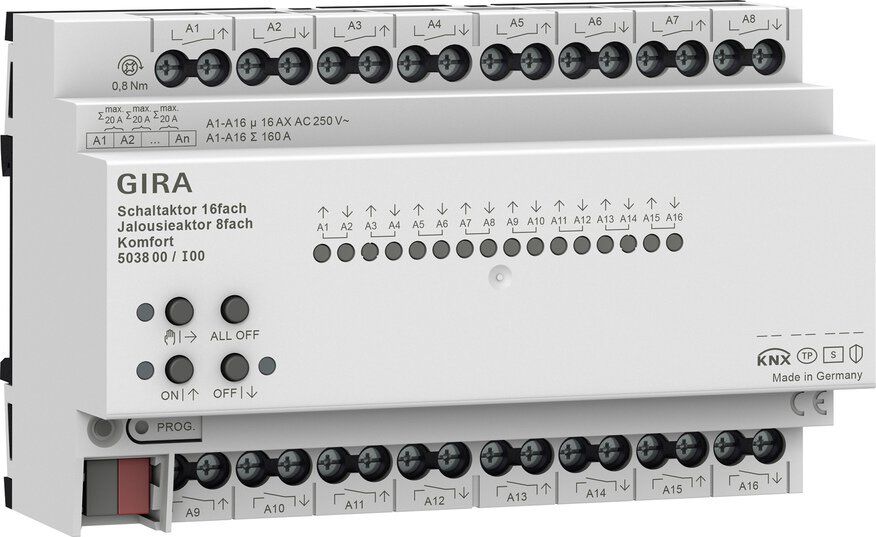 Gira 503800 Schalt-/Jalousieaktor 16-fach/8-fach 16 A REG Komfort KNX Secure