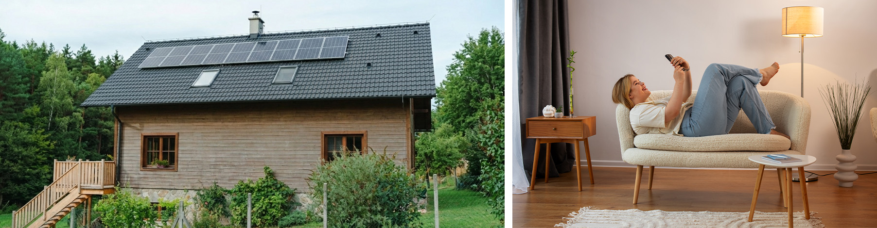 Split-Screen: Links ein Einfamilienhaus mit Solarmodulen im Grünen; rechts eine Frau, die entspannt auf dem Sofa die Anlagen-Effizienz per Smartphone steuert.