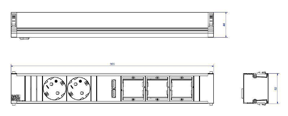 Bachmann 912.0168 CONI Steckdosenleiste ALU, 6-fach / ca.356mm, 2 Schutzkontaktsteckdosen, 1 USB Doppelcharger, 3 ABD Custom Module leer, Zuleitung 0,20m H05VV-F 3G1,50qmm, Wieland GST18 Steckverbinder