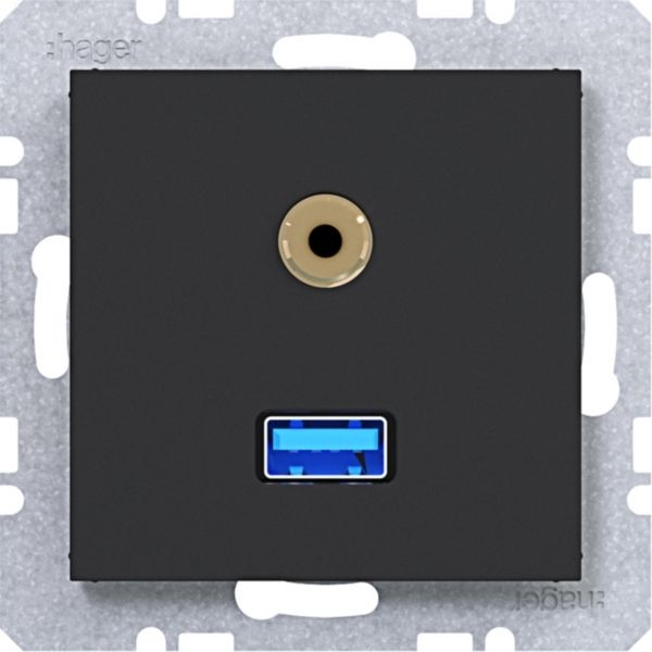 Hager WAF4381BM USB / 3,5 mm Audio Steckdose, A.x/C.x, nachtschwarz matt