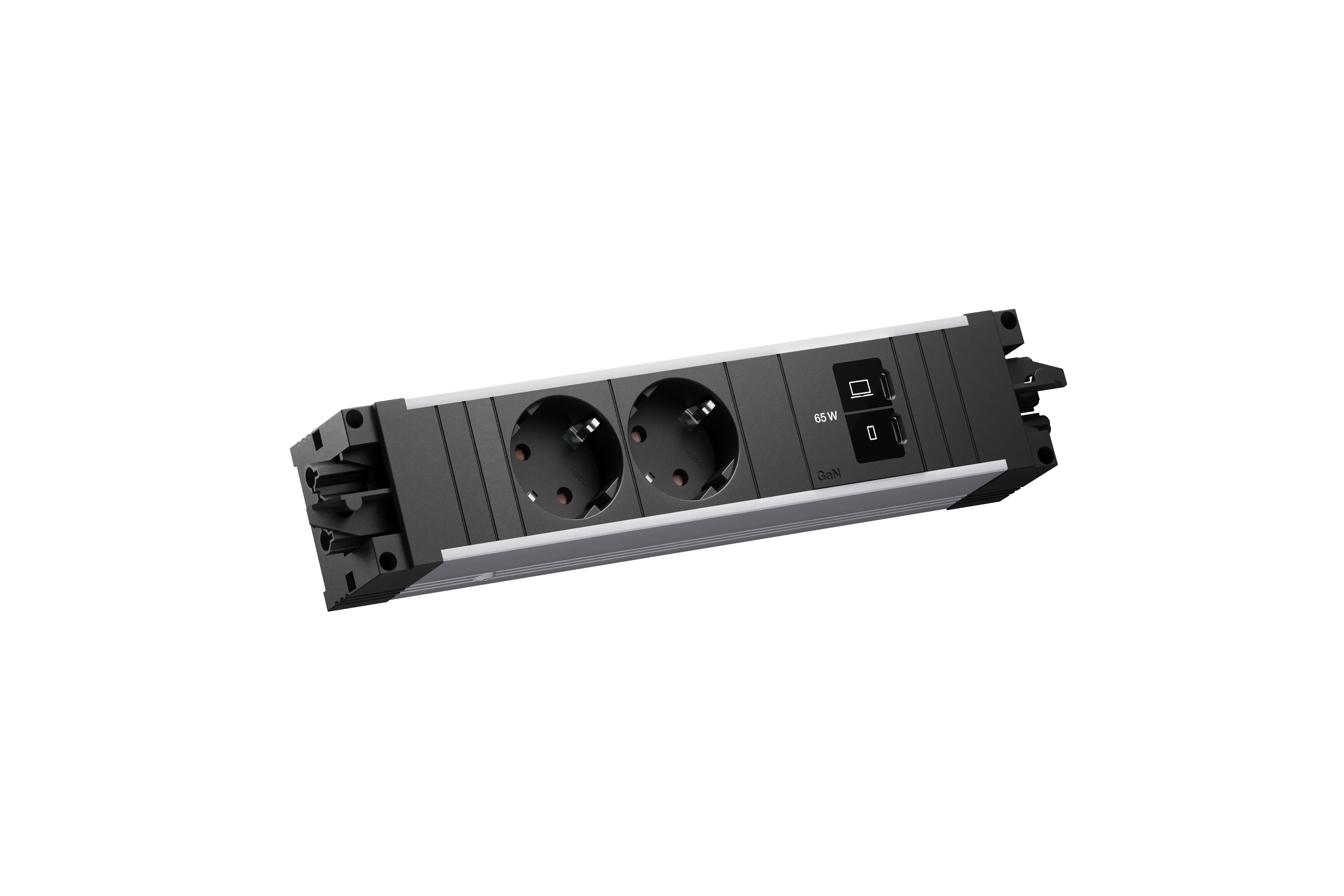 Bachmann BM0022276 Modulare Steckdosenleiste STEP ALU, 2x Schutzkontaktsteckdose, 1x USB C/C 65 W, GST18, aluminium/schwarz