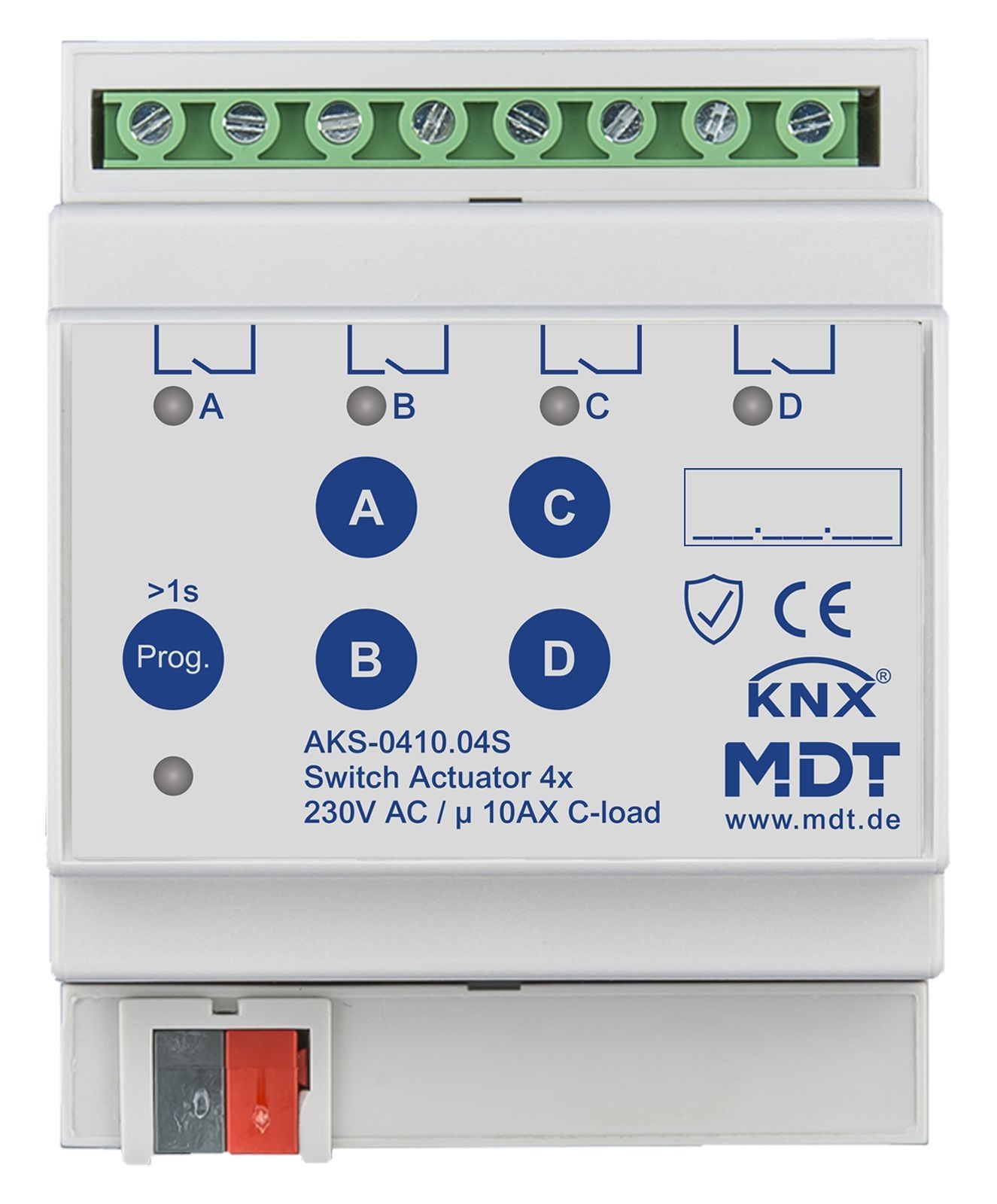 MDT AKS-0410.04S KNX Schaltaktor 4-fach, 4TE REG, 10 A, 230 V AC, C-Last, Standard, 140µF