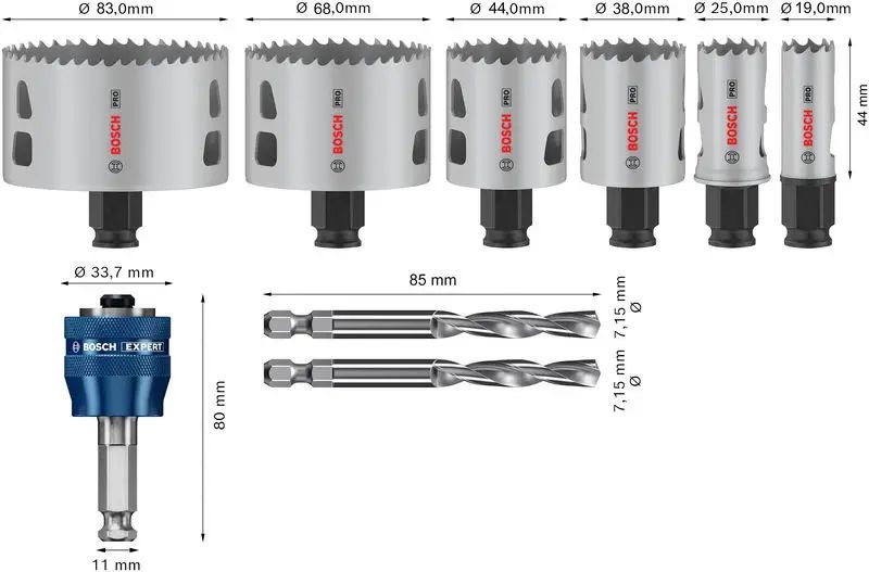 Bosch 06008D2201 Lochsägen-Set PRO Multi Material PC Plus, 9-teilig , Durchmesser 19 / 25 / 38 / 44 / 68 / 83 mm, Arbeitslänge 44 mm