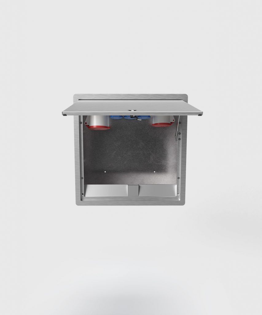 BS 5523A-1-3 Wandverteiler, Unterputz, 5-fach, spritzwassergeschützt, verschließbar, Deckel aus Aluminium, 1x CEE 5/32A, 1x CEE 5/16A, 3x Schutzkontakt-Steckdose