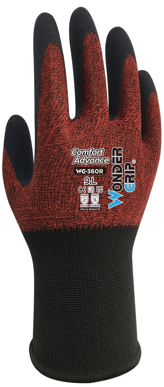 Wonder Grip® WG-360R Arbeitshandschuh Comfort Advance, Gr. XXL/11, ultradünn, hervorragende Griffigkeit, präzise Beweglichkeit, rot/schwarz