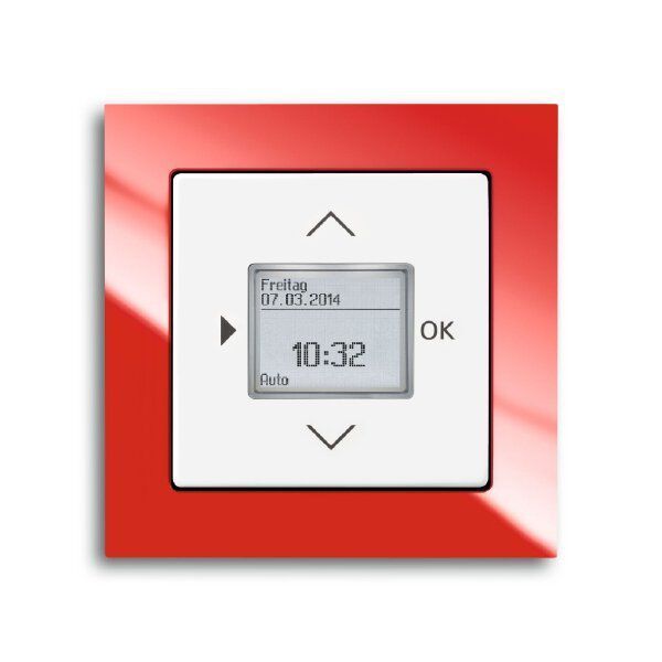 Busch-Jaeger 6435-84 Zentralscheibe für Timer/Raumtemperatur-Regler-Bedienelement mit Aufdruck Symbol "Pfeiler" und "OK", studioweiß glänzend, Plattform 63