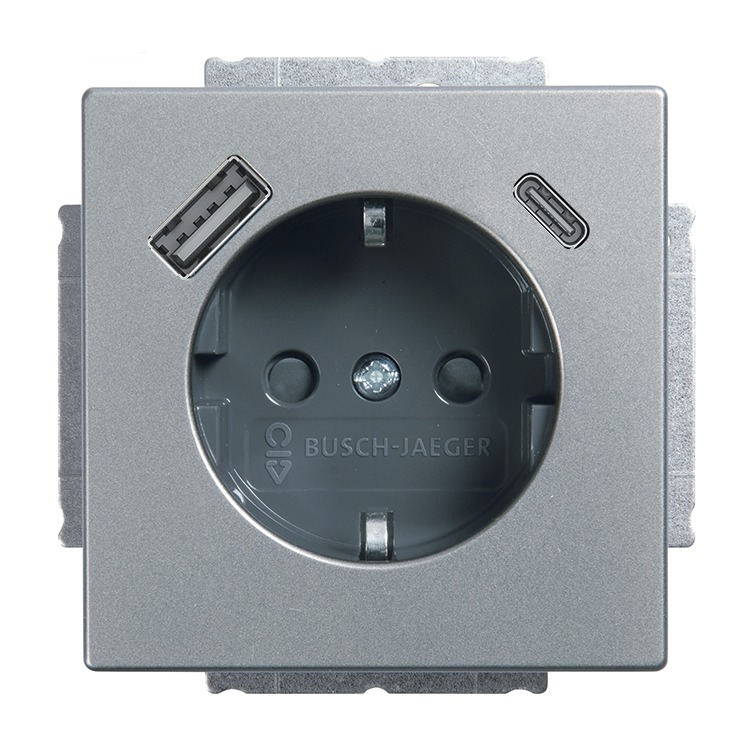 Busch-Jaeger 20 EUCB2USBAC-866 Schutzkontakt-/USB-A+C Steckdose Safety+, mit Befestigungskrallen, edelstahl matt, pur Edelstahl