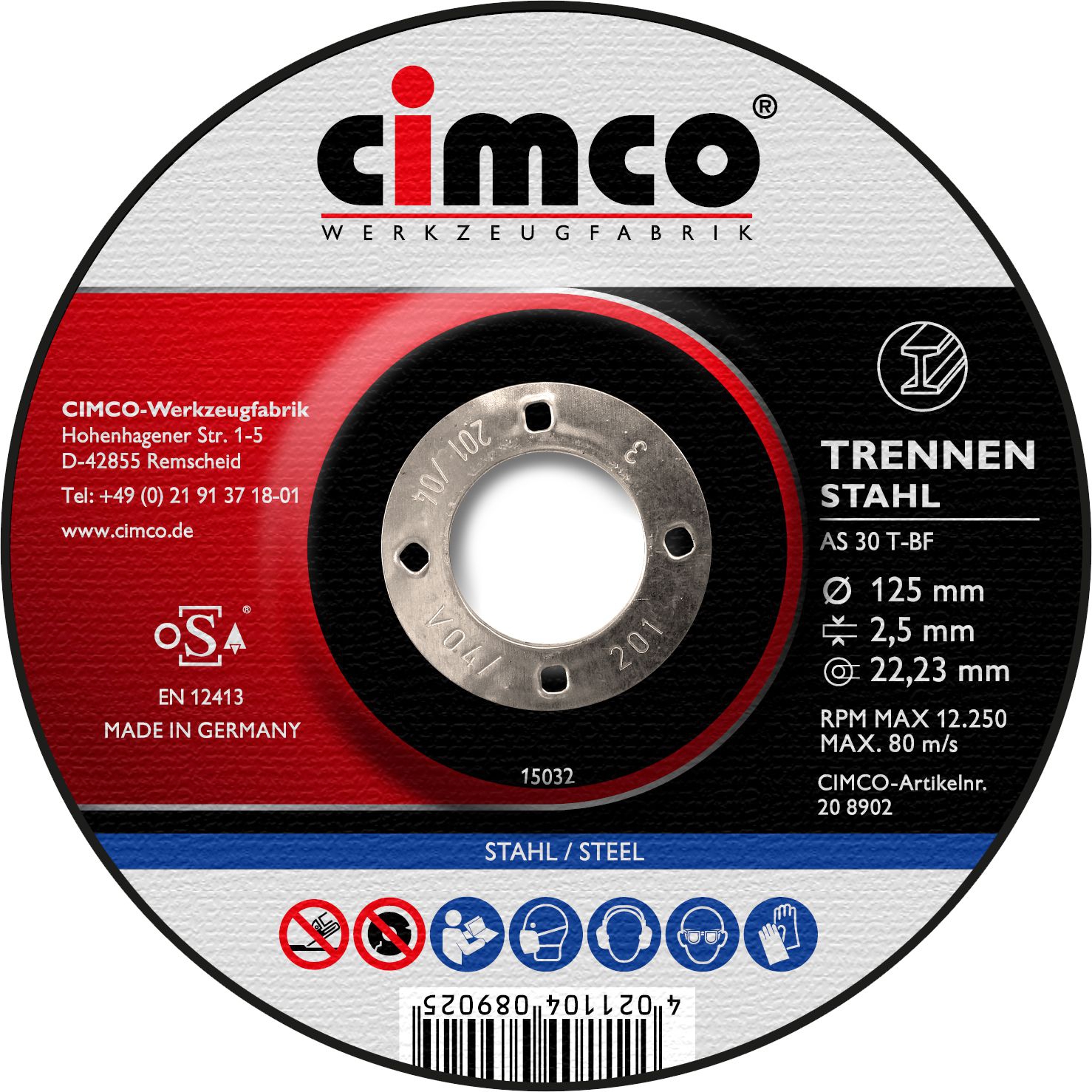 Cimco 20 8902 Korund-Trennscheibe, Stahl, Scheiben-Ø 125 mm