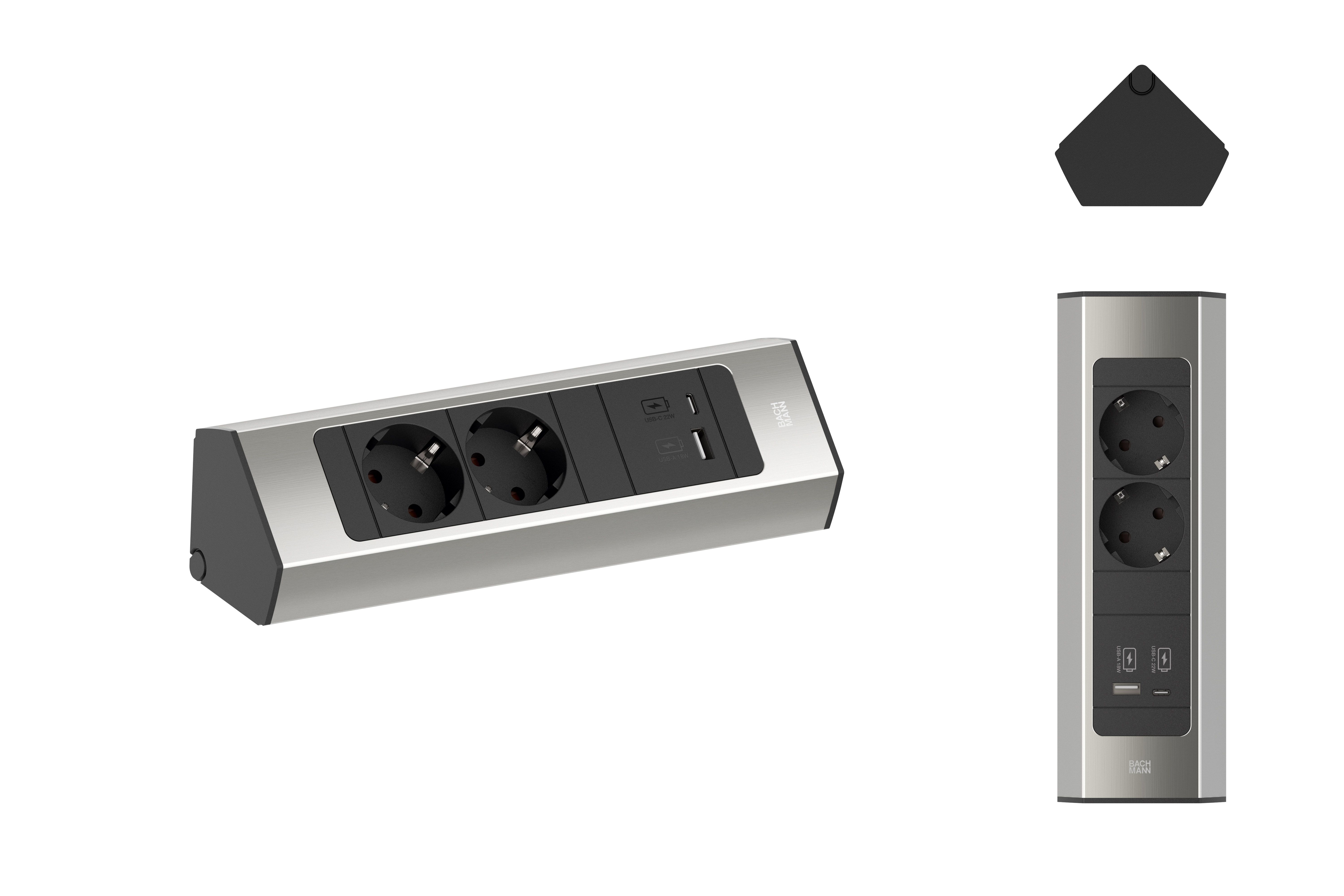 Bachmann 932.002 Steckdosenleiste CASIA 2 Kurz, 2x Schutzkontaktsteckdose, 1x USB A/C 22W, 2,0 m Aderendhülsen und beigelegter Montagestecker, edelstahl