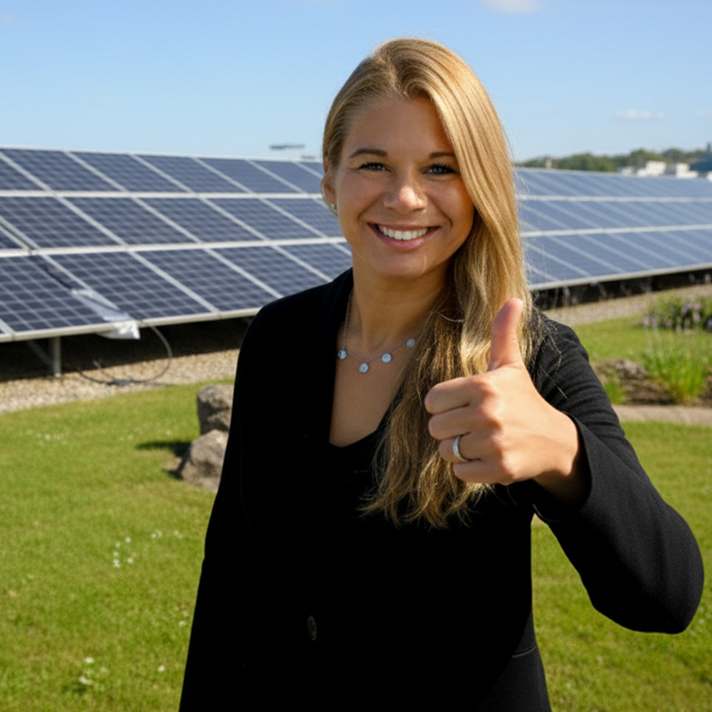Eine lächelnde blonde Frau in einem schwarzen Blazer steht im Freien und hält ihren Daumen hoch. Im Hintergrund ist eine große, professionelle Solaranlage auf einem Feld zu sehen. Der Himmel ist blau und die Sonne scheint.