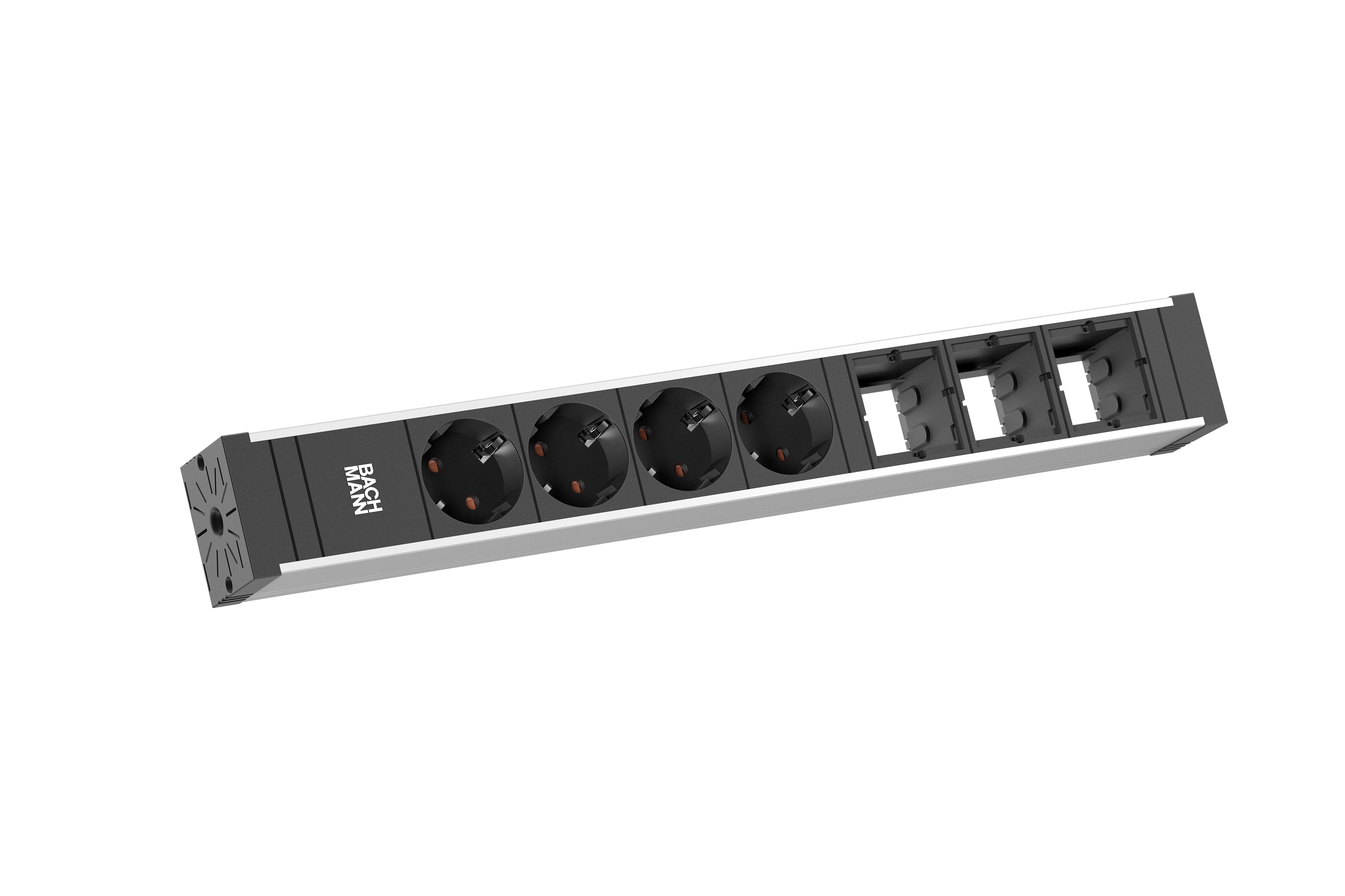 Bachmann 922.0071 Steckdosenleiste UNIVERSAL, 4x Schutzkontaktsteckdose, 3x Custom Module, Leitung 3,0 m Schutzkontakt-Winkelstecker, edelstahl/schwarz
