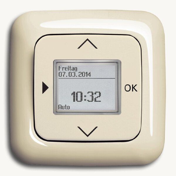 Busch-Jaeger 6435-212 Zentralscheibe für Timer/Raumtemperatur-Regler-Bedienelement mit Aufdruck Symbol "Pfeiler" und "OK", weiß glänzend, Busch-Duro 2000 SI