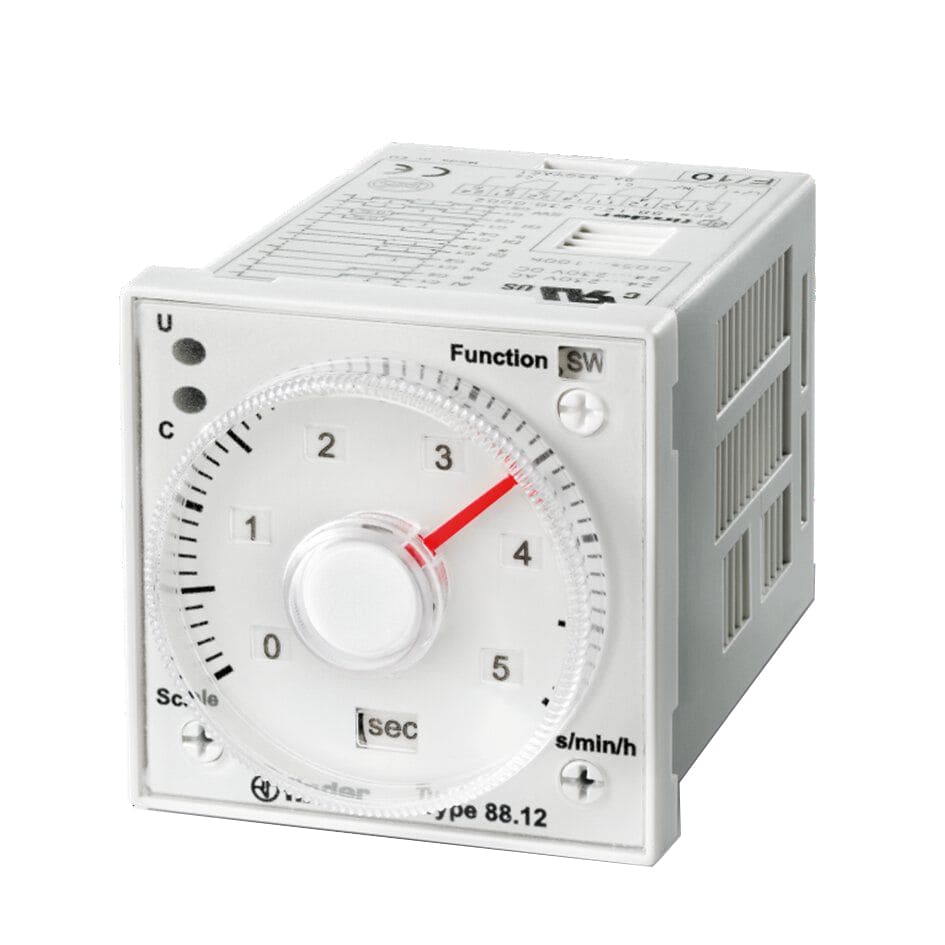 Finder 881202300002 Zeitrelais für Fronteinbau, 2 Wechsler, 5 A, für 24 bis 230 V AC/DC, 6 Zeitfunktionen -100 Std.