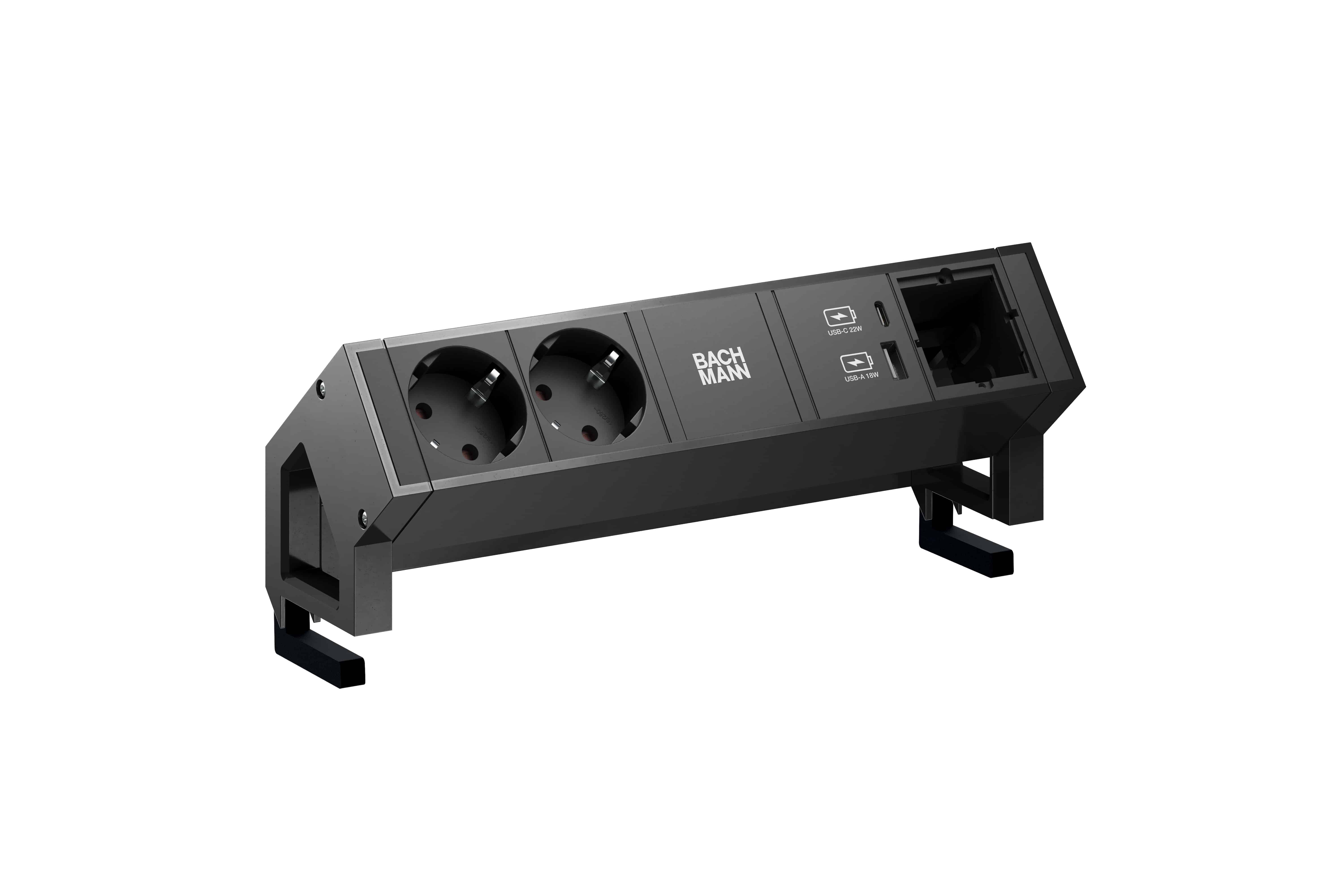 Bachmann 902.965 Steckdosenleiste DESK2, 2x Schutzkontaktsteckdose, 1x USB A/C 22 W, 1x Custom Module, 0,2 m GST18, inklusive Haltewinkel, schwarz