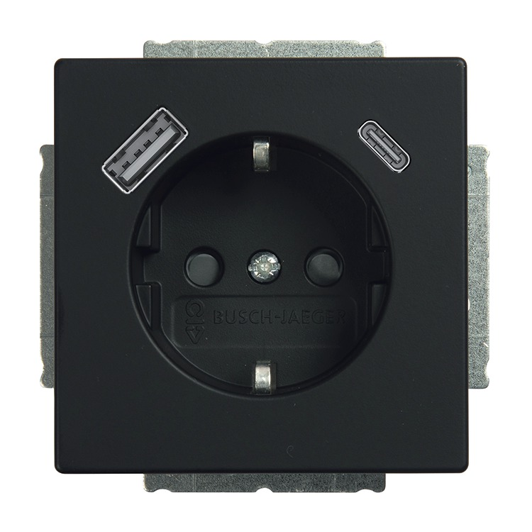 Busch-Jaeger 20 EUCB2USBAC-885 Schutzkontakt-/USB-A+C Steckdose Safety+, mit Befestigungskrallen, schwarz matt, Plattform 63