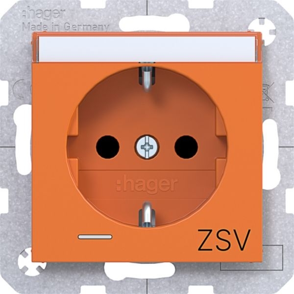 Hager WAS1439AP Schutzkontaktsteckdose mit LED und Aufdruck ZSV, Beschriftungsfeld, erhöhter Berührungsschutz, Steckklemmen, A.x/C.x, orange glänzend