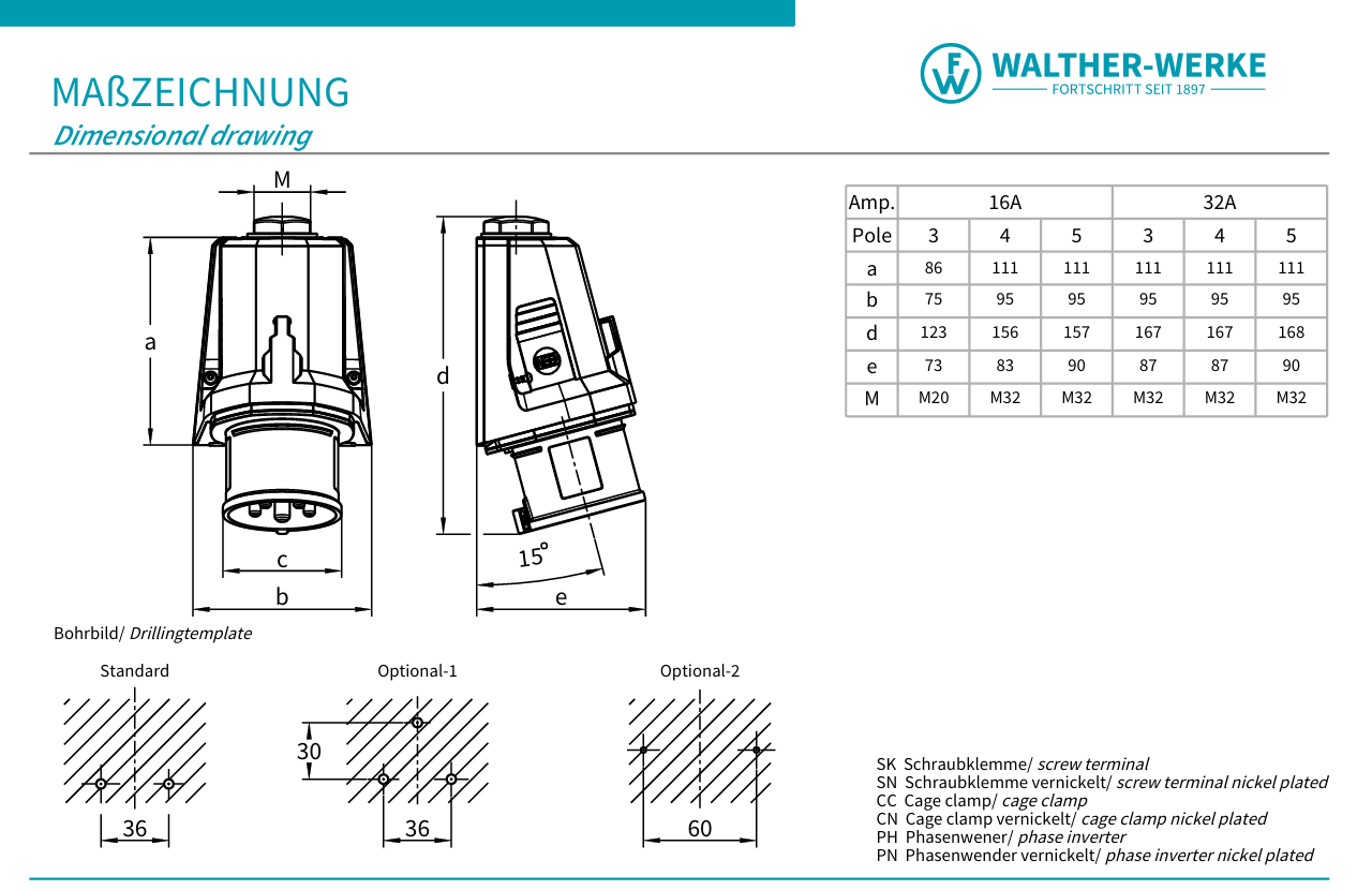 Walther Electric FW710306SK CEE NEO Wandgerätestecker schräg, 230V, 16A, 3P, 6h, IP54, mit Schraubtechnik