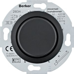 Berker MAN0101317 Universal-Drehdimmer mit Zentralstück (R L C) und Softrastung Serie 1930 schwarz softtouch