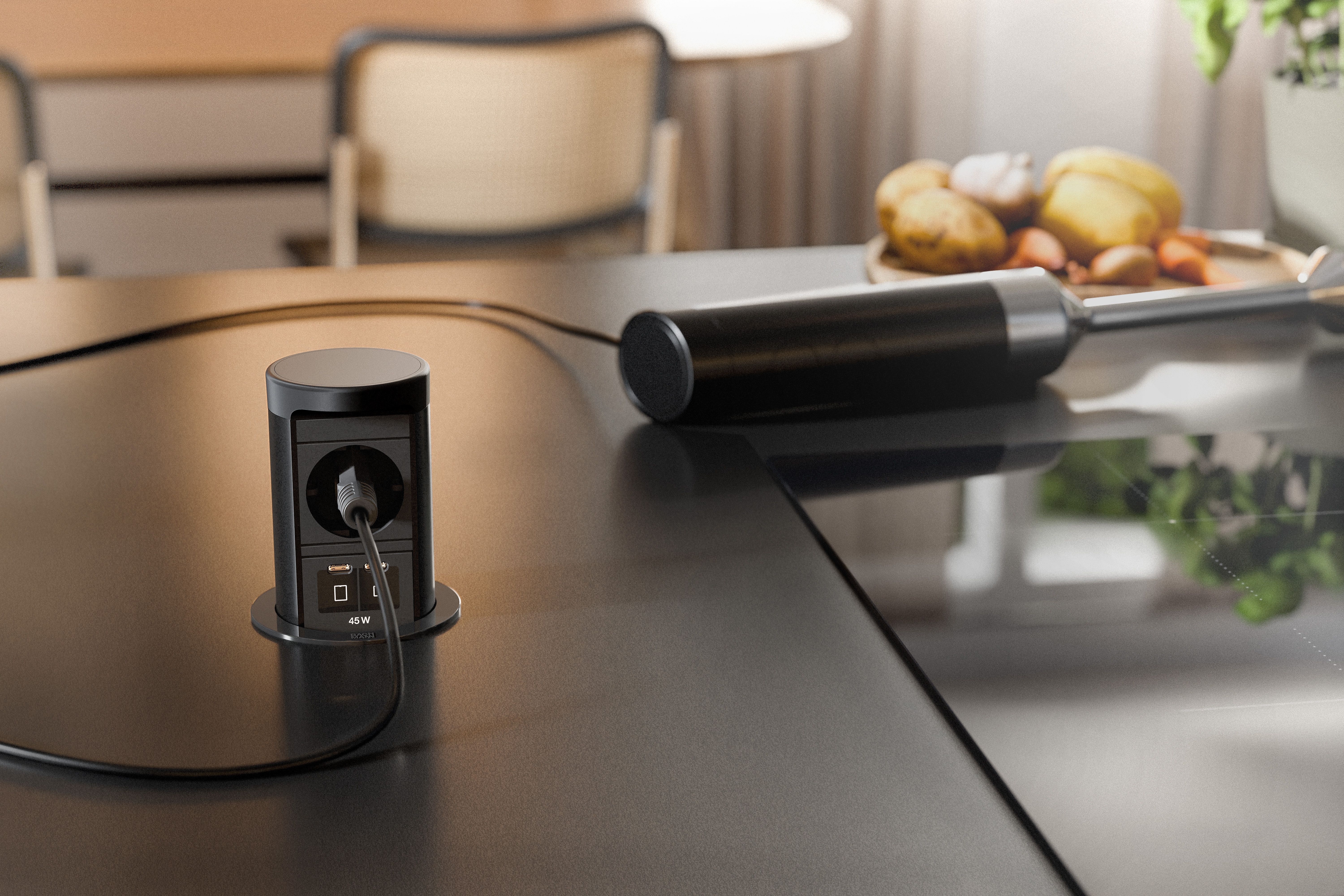 Bachmann BM0020575 Steckdoseneinheit ELEVATOR 2, versenkbar, 1x Schutzkontaktsteckdose, 1x USB C/C 45 W, 2,0 m Aderendhülsen und Montagestecker, schwarz matt