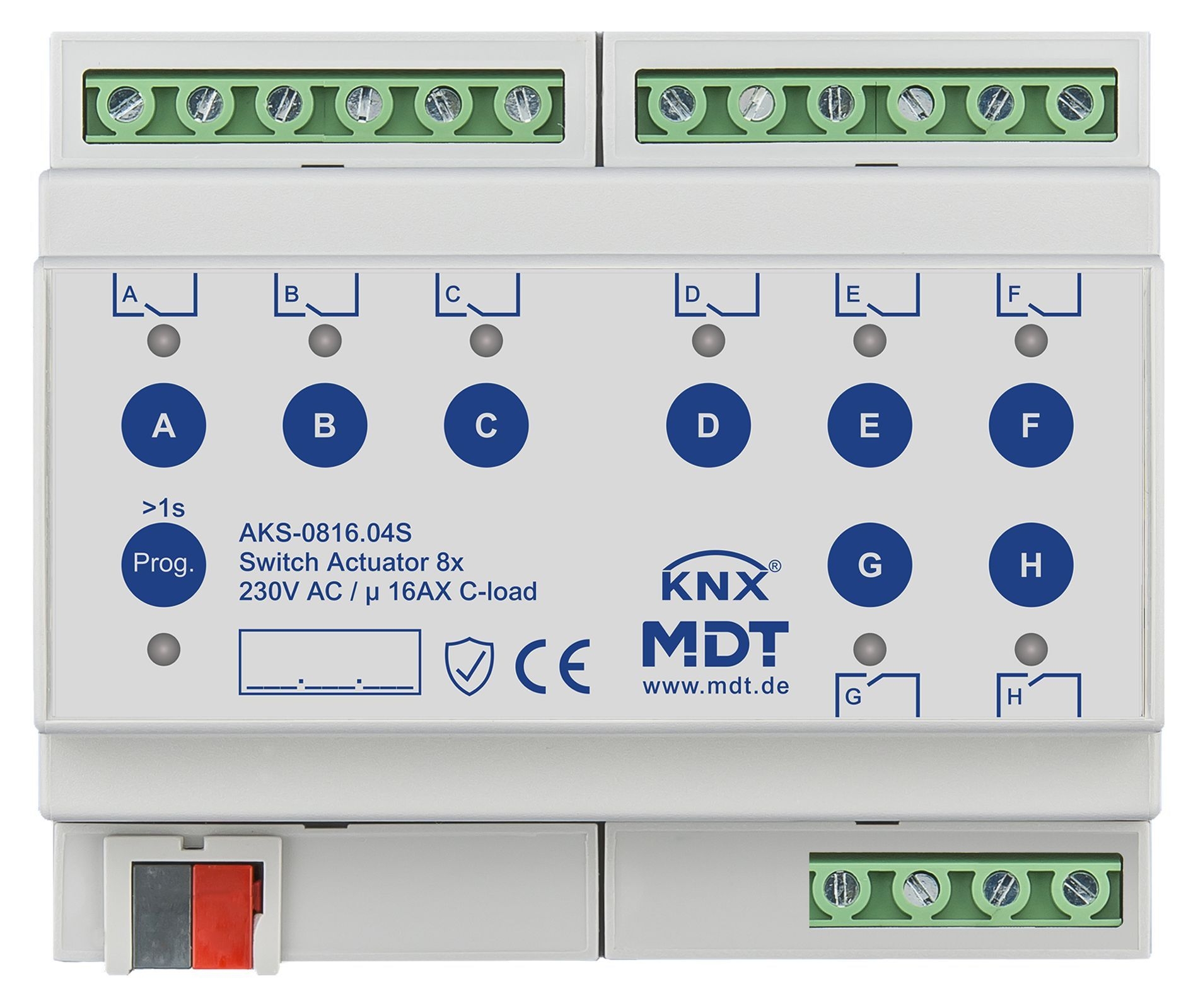 MDT AKS-0816.04S KNX Schaltaktor 8-fach, 6TE REG, 16 A, 230 V AC, C-Last, Standard, 140µF