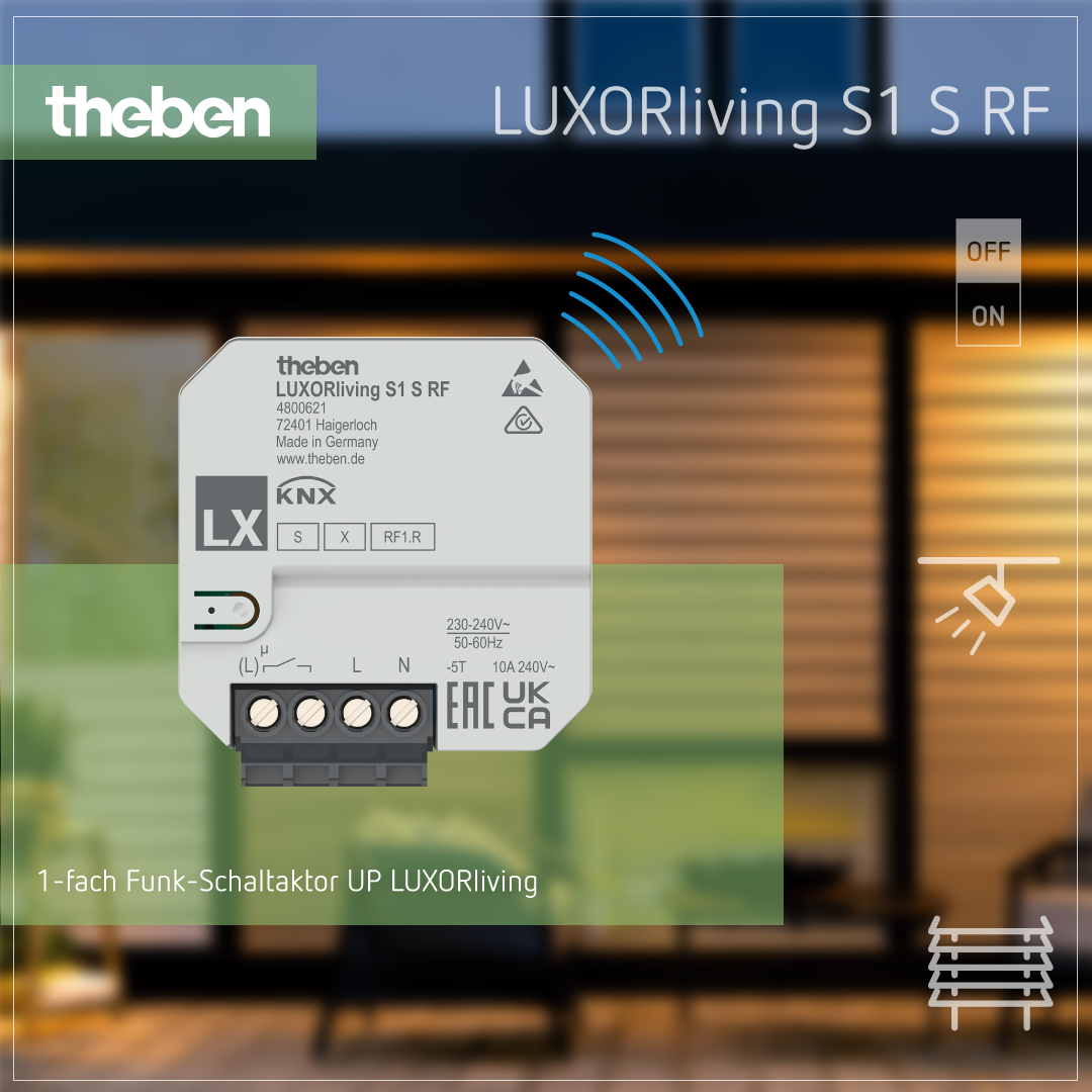 LUXORliving S1 S RF – UP-Funk-Schaltaktor für kabellose Steuerung in Smart-Home-Systemen Theben LUXORliving S1 S RF UP-Funk-Schaltaktor zur kabellosen Steuerung von elektrischen Geräten