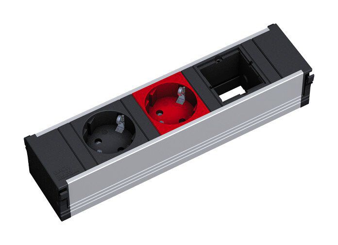 Bachmann 912.023 CONI Steckdoseneinheit ALU, 3-fach / 217mm, 1 Schutzkontaktsteckdose, 1 Schutzkontaktsteckdose rot, 1 Abdeckung leer, Zuleitung 1x0,20m H05VV-F 3G1,50qmm, Wieland GST18 Steckverbinder