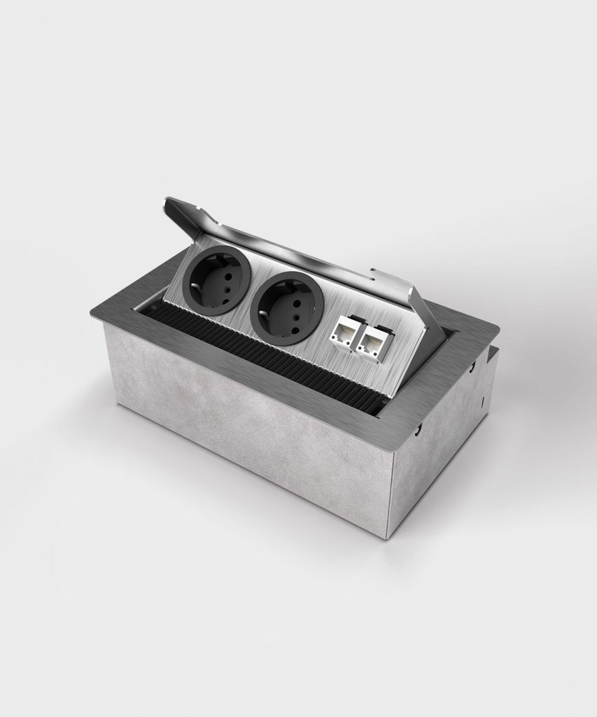 BS 3203E-1-1 Anschlussmodul für Tisch- oder Bodenbereich, 3-fach, eckig, Klappdeckel aus Edelstahl, 3x Schutzkontakt-Steckdose, inkl. Aufnahmebox