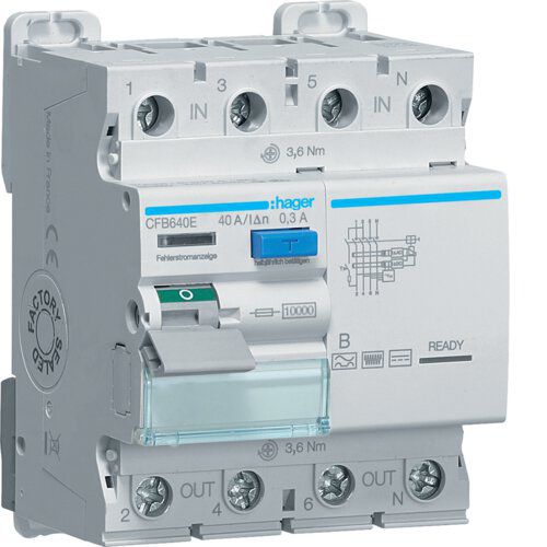 Hager CFB640E Fehlerstromschutzschalter 4 polig, 10kA, 40A, 300mA, Typ B