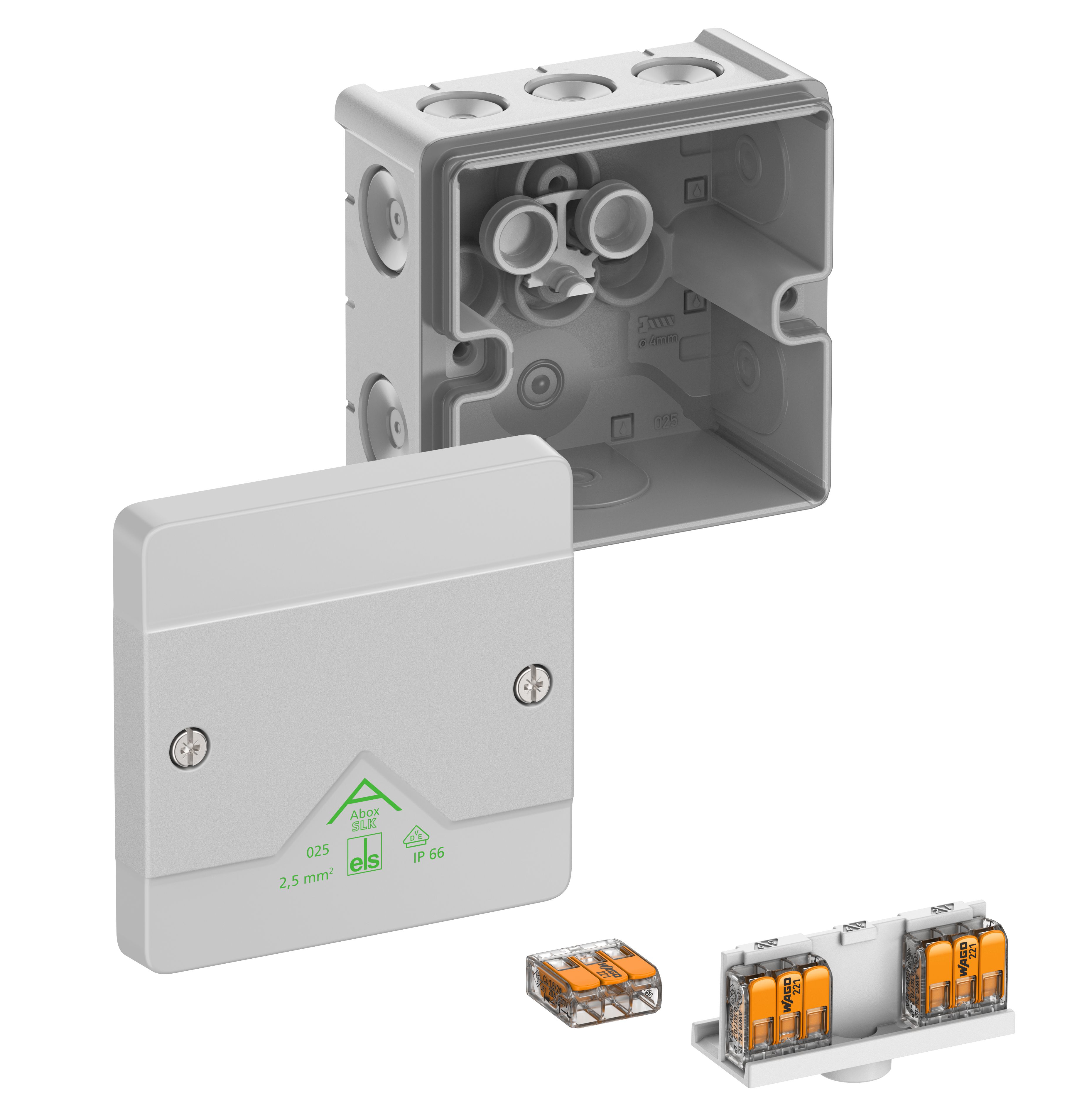 Spelsberg 80247001 Abzweigkasten, Schutzart IP66, max. Leiterquerschnitt 2,5mm², Schlagfestigkeit IK07, Schutzklasse II, Ui 450V AC, Ui 450V DC, DLG, VDE, halogenfrei