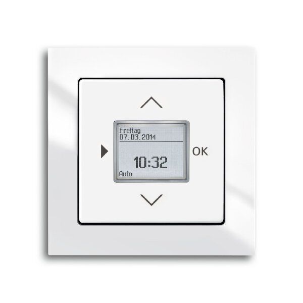 Busch-Jaeger 6435-84 Zentralscheibe für Timer/Raumtemperatur-Regler-Bedienelement mit Aufdruck Symbol "Pfeiler" und "OK", studioweiß glänzend, Plattform 63