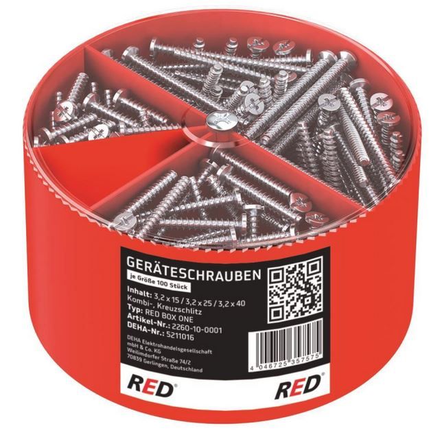 RED Box One Geräteschrauben-Box sortiert je 100 Schrauben 3,2x15/25/40mm