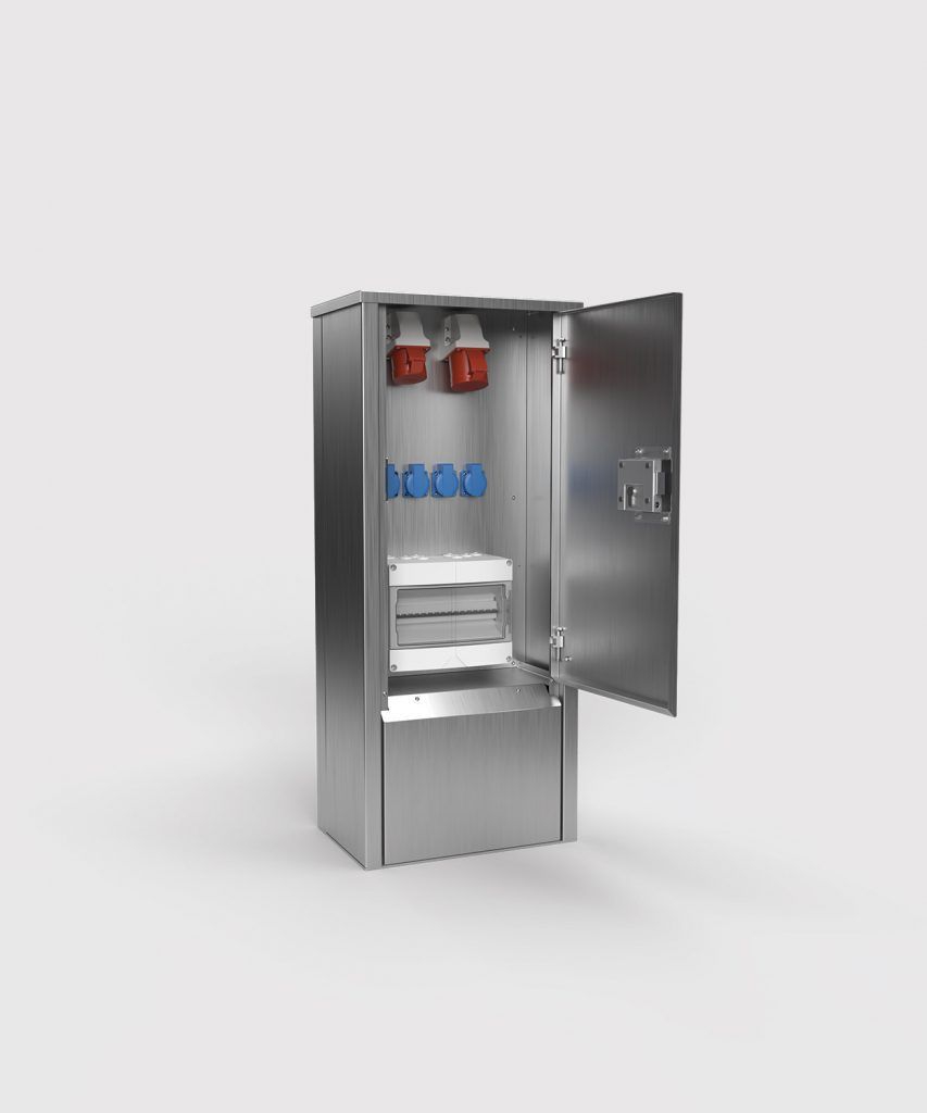 BS EST24-1-1 Energiesäule, 1000mm hoch, Edelstahl, abschließbar, 1x CEE 5 32A, 400V, 1x CEE 5 16A, 400V, 4x Schutzkontakt-Steckdose