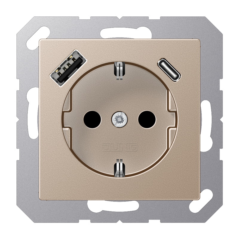 Jung A1520-15CACH Schutzkontakt-Steckdose 16 A, mit USB-Ladegerät 1 x Typ A + 1 x Typ C, SAFETY+, Serie A, champagner